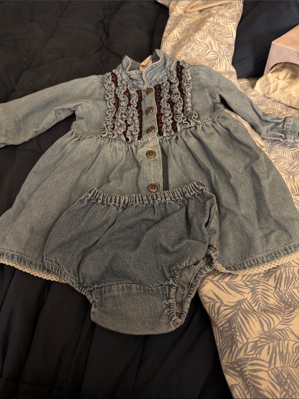 GAP Light Blue Denim Baby Girl Dress and Bloomers Set with Navy Trim